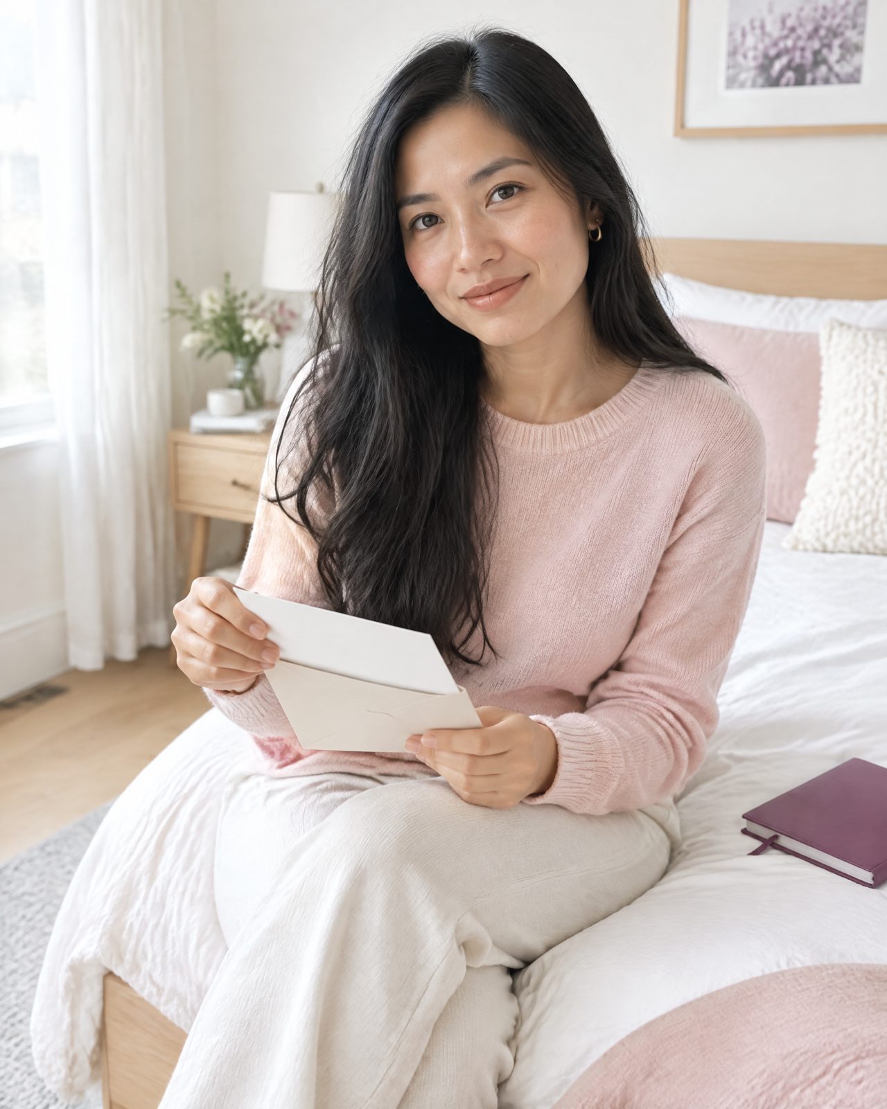 A Vietnamese-Canadian woman reading a letter in a bright bedroom